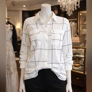 Women's White Windowpane Button-Down Shirt with Chest Pockets